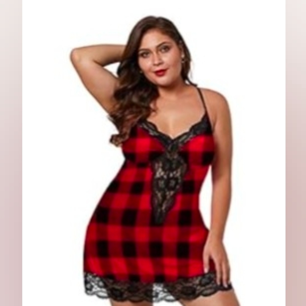 Red and Black Buffalo Plaid Lace Chemise